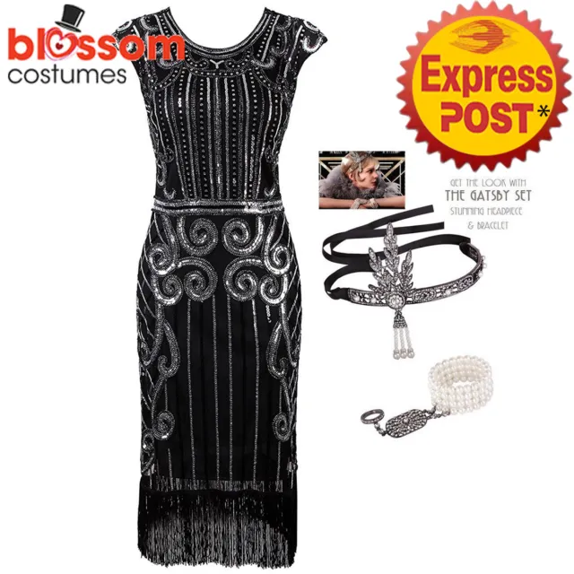 K468 Black Deluxe Ladies 1920s Roaring Flapper Costume Sequin Gatsby Fancy Dress