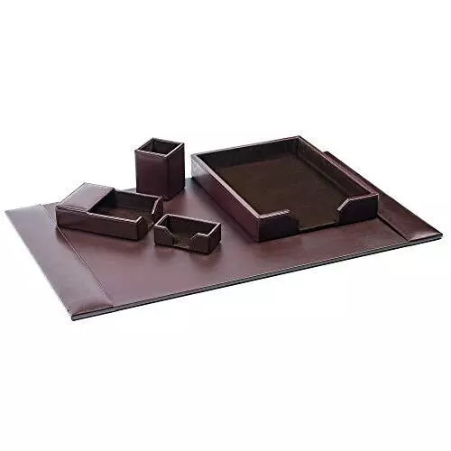 Bonded Set Luxury Leather Desk Pad & Desk Organization 5 Piece Dark Brown