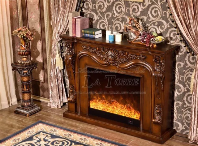 Camino elettrico Kamin fireplace legno massello Barocco Inglese noce 331b