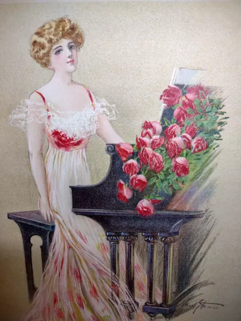 Victorian Art Print Women Musician Piano Player Roses Lithograph 1909 Maud Stumm