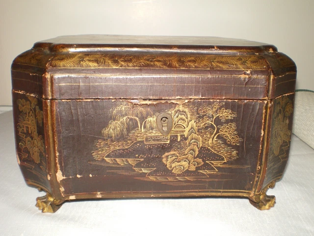 Antique Early 1800's 19c Chinese Export Lacquer Tea Caddy  Hand Made