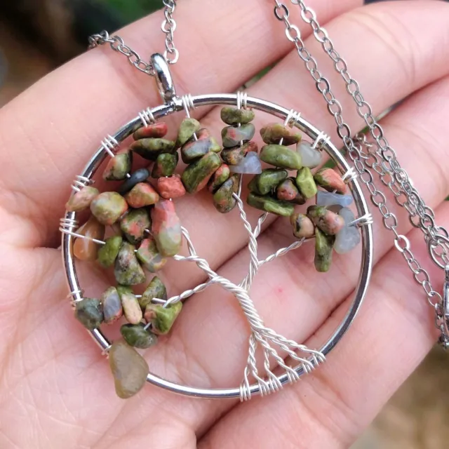Natural Unakite Gems Tree Of Life Necklace Chakra Reiki Healing Amulet