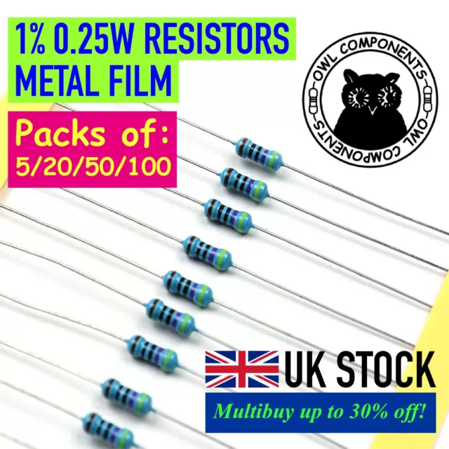 Resistors 1 % Tolerance 1/4 Watt Metal Film 0.25W 1k - 100k Packs of 5/20/50/100