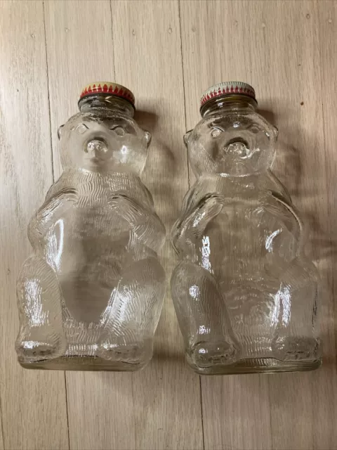 2 Vintage 1950s BEAR Shaped COIN BANK Snow Crest Beverages GLASS Bottle - Pair