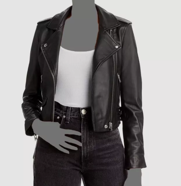 $1200 IRO Women's Black Ashville Lambskin Leather Cropped Moto Coat Jacket 34/2