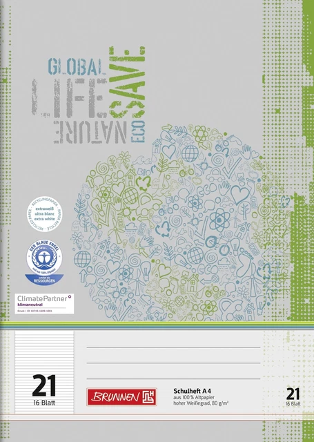 Brunnen 104412101 Recycled School Notebook, DIN A4 (16 Sheets, Single Booklet)