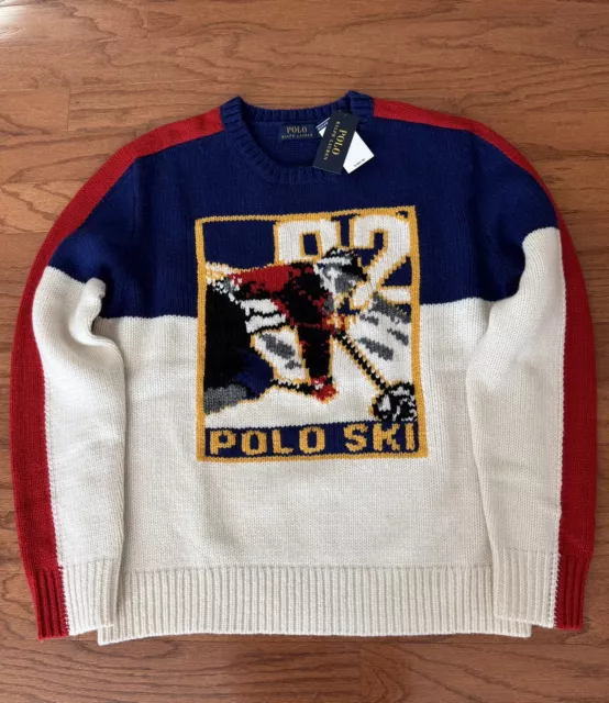 NWT POLO RALPH LAUREN Mens Red/White/Blue “POLO SKI 92” Crewneck Wool Sweater Sm