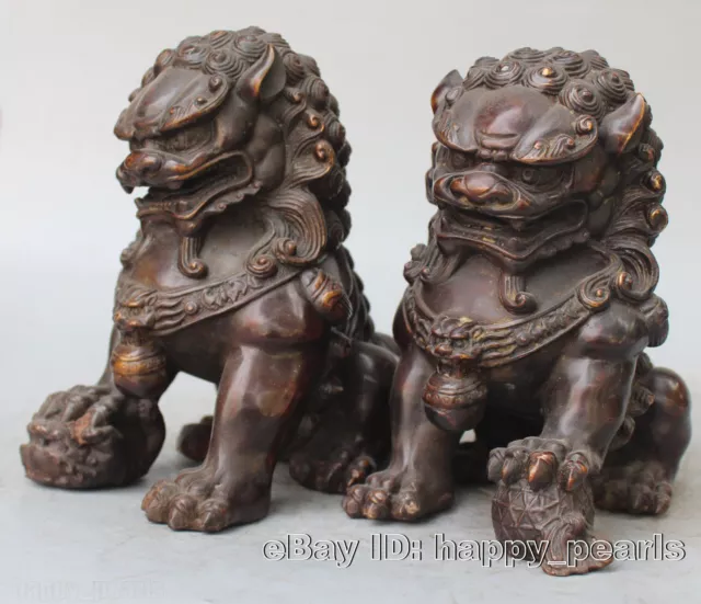 Pair Antique Fengshui Bronze Guardian Fu Foo Dogs Lion Door Leo Statues Lions