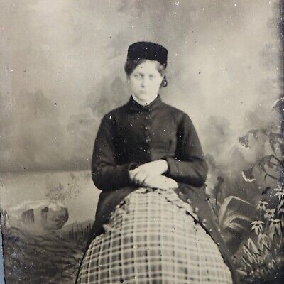 Antique 1860's Tintype Photograph Poor Beautiful Woman Civil War Era Dress