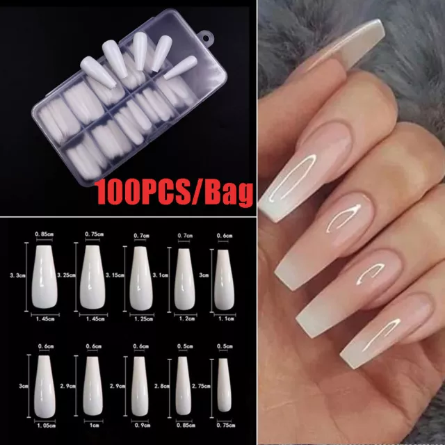 100pcs-box Long Ballerina False Nail Art Tips Coffin Acrylic White/Clear/Natural