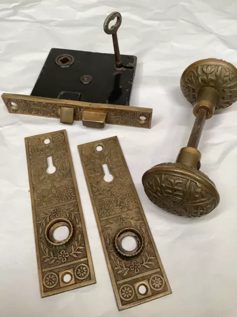 Antique Victorian Decorative Door Lock Set Reclaimed - Complete With Key