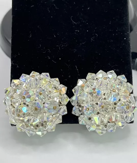 VTG Hobe AB Aurora Borealis Crystal Cluster Silver Tone Clip-On Earrings 1.25”