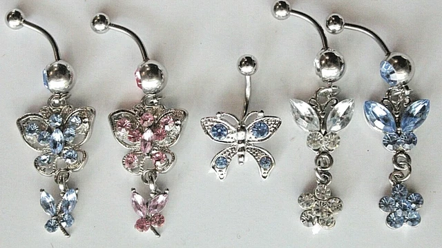 Long Dangle Rhinestone Butterfly Charm Gem BELLY Bar NAVEL Ring Crystal Jewelry