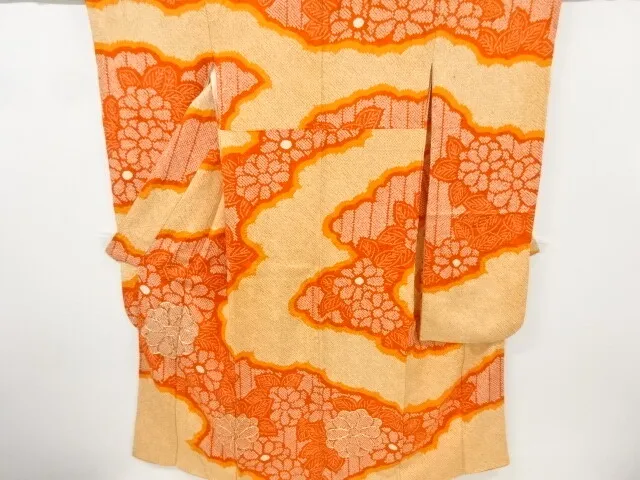 11349# Japanese Kimono / Antique Furisode / All Shibori / Embroidery / Cloud & F