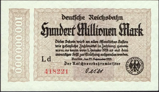 100 Million Mark 1923 - Berlin, Reichsbahn (Railroad) -Series: 418221 -UNC-#A28a