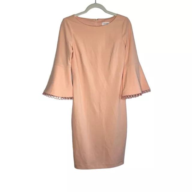 Calvin Klein 3/4 Bell Sleeve Sheath Dress Pink Peach Knee Length Womens SIze 4