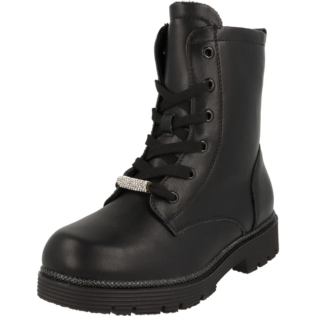Indigo Fille Chaussures Hiver Bottes Fourrées à Lacets 452-198 Noir Brillant