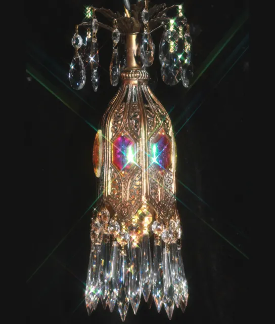1 jeweled Tulip lily filigree SWAG hanging Crystal lamp chandelier Vintage brass 2