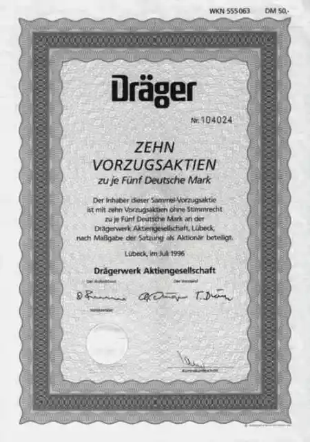 Drägerwerk AG 1996 Lübeck Gerling Medizin Raumfahrt TOP 50 DM Sammelvorzugsaktie