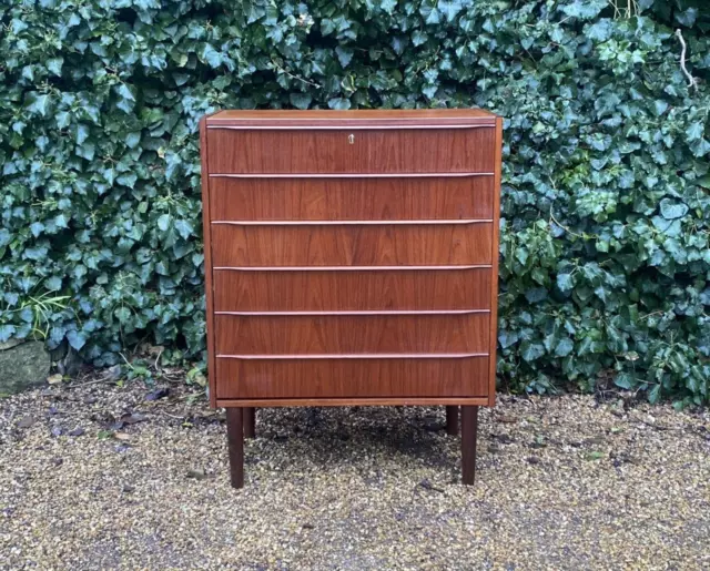 Vintage Mid Century Danish Teak Chest Of Drawers Dresser Tallboy