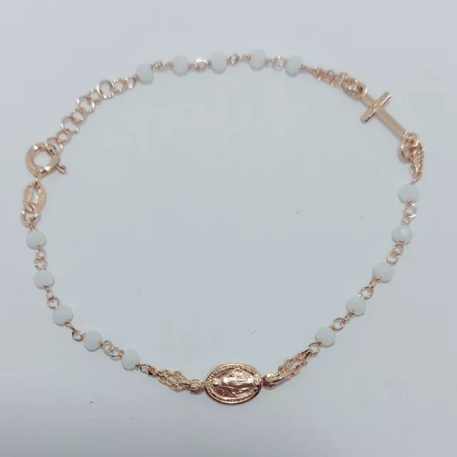 Bracciale Rosario Argento 925  Rosa Donna con Perline Bianche Madonna Miracolosa