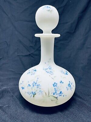 Antique Vintage Glass Barbers Bottle Hand Painted Blue Flowers With Stopper