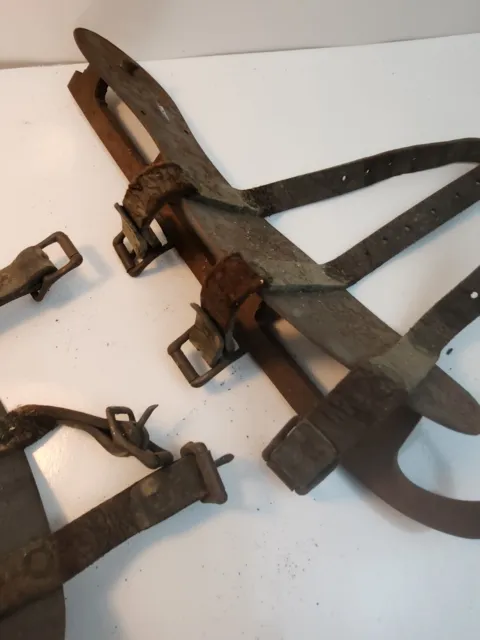 Antique Primitive 19th Century Wrought Iron Hand Forged Leather Strap Ice Skates 3