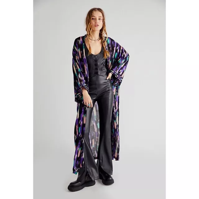 NWT!! FREE PEOPLE Static Stripe Abstract Colorful Kimono Black Purple One Size