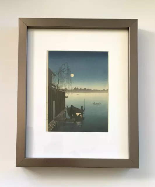 Rare Original Shoda Koho Japanese Woodblock Print Night Scene Moon Boat Framed