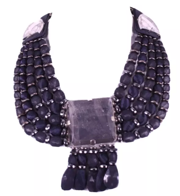 GIORGIO ARMANI Faceted Crystal Navy Fabric Hematite Choker Necklace