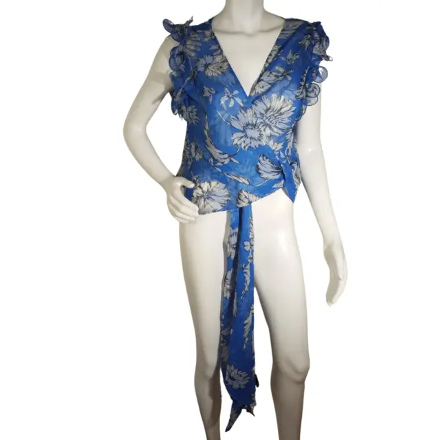 Amanda Uprichard Womens Blouse Blue Floral Ruffle Sleeve Chiffon Wrap Size Small