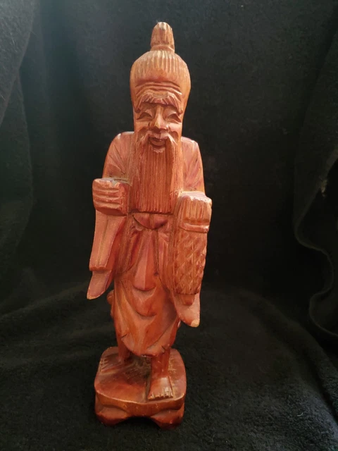 Vintage Asian Fisherman Hand Carved Boxwood Figurine - 12" Tall