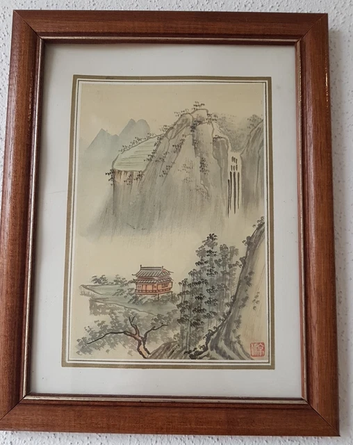 3 Aquarell chinesische Motive 1991 aus China hinter Glas Holzrahmen