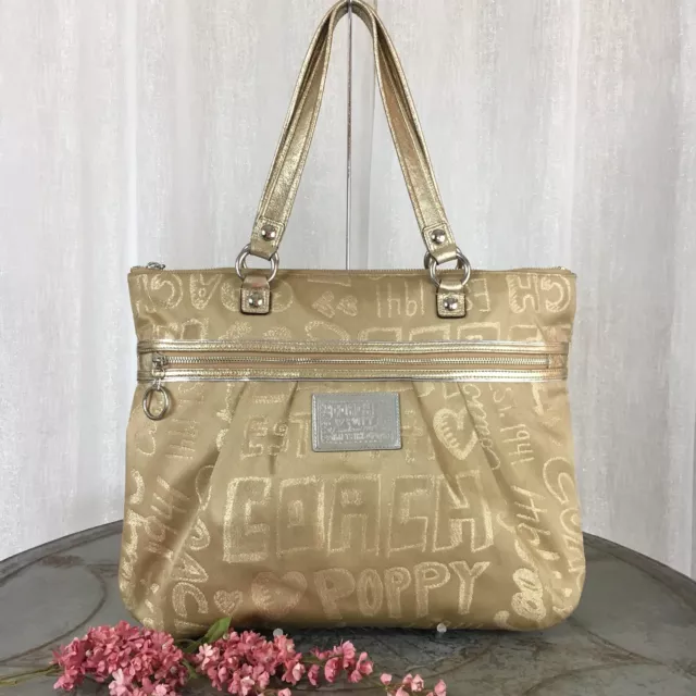 Coach Poppy Story Patch Glam Glamour Tote Shoulder Bag 15301 Khaki Gold RARE