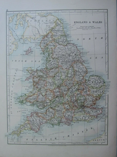 1913 Map England & Wales York Durham Devon Sussex Kent Norfolk Chester Suffolk