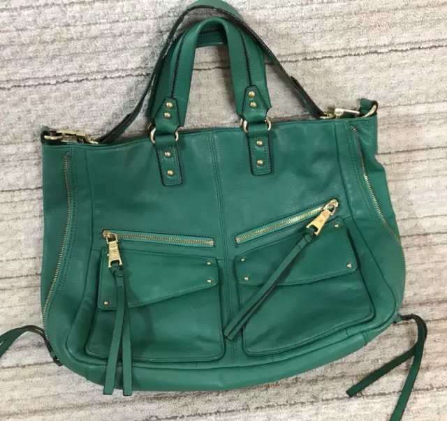 Aimee Kestenberg Satchel Bag Green Leather Pebble Tote Road Trip Handbag