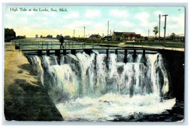 1911 High Tide At The Lock Bridge Scene Soo Michigan MI Posted Vintage Postcard