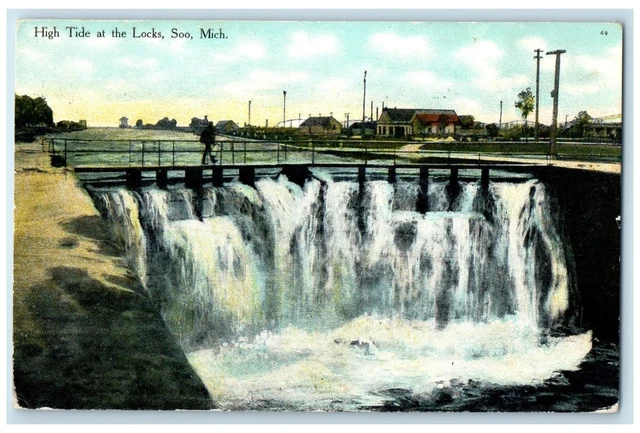 1911 High Tide At The Lock Bridge Scene Soo Michigan MI Posted Vintage Postcard