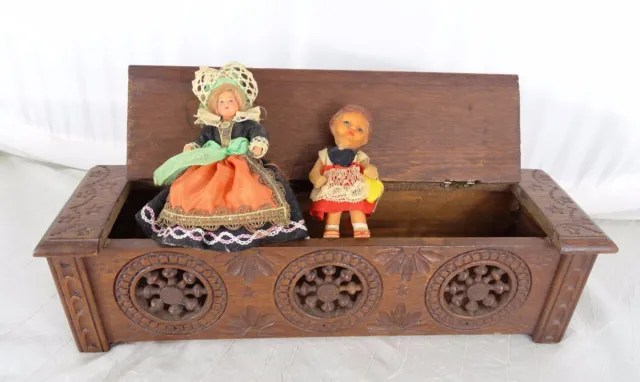 Antique French Breton/Brittany Doll Chest Bench Toy Wood Hand Carved