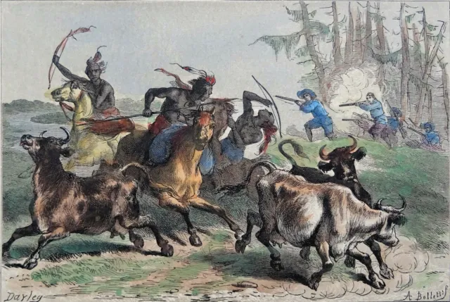 APACHE ATTACK ON A HERD OF COWS - 19th century engraving