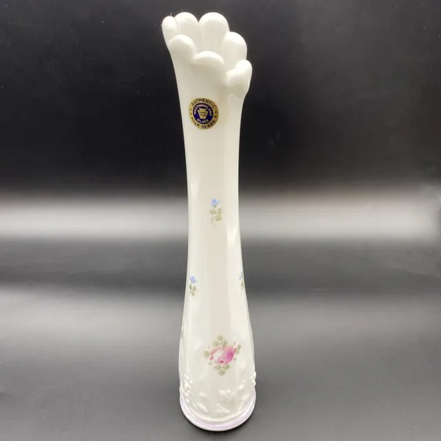 Westmoreland Milk Glass Bud Vase Swung Grape HP Roses and Bows 1881