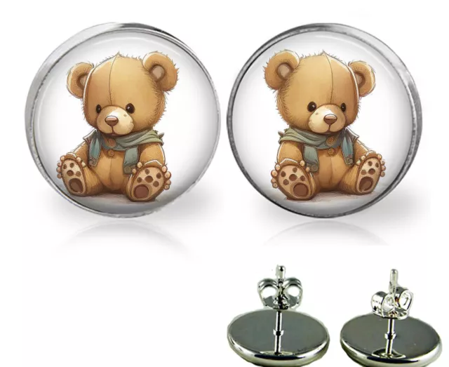 Adorable Teddy Bear Girls Stud Earrings in 3 Sizes Handmade Photo Jewelry