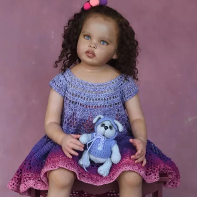 32inch Lifelike Reborn Baby Doll Finished Toddler Girl Brown Curly Hair Handmade