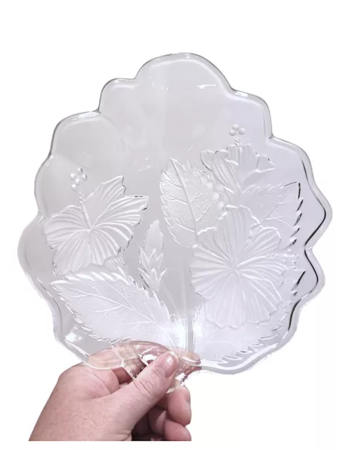 Rare Find! Vintage Mikasa Crystal Glass Frosted Hibiscus Florals Platter GC