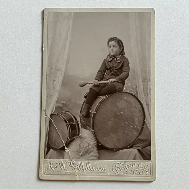 Antique Cabinet Card Photo Adorable Little Boy With Bass Drums Ferndale CA 2