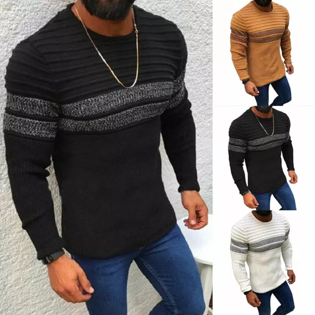 Herren Warm Langärmelig Pullover Gestreift Gestrickt Winter Rundhals Freizeit ❤️