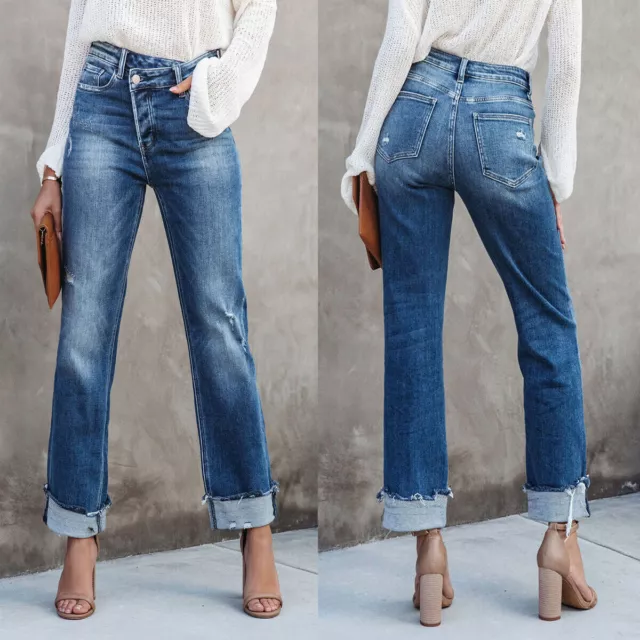 Fashion Womens Casual Jean Pants Washed Blue Denim Straight Legs Long Trousers