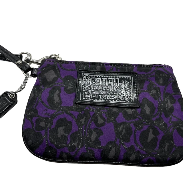 Coach Poppy Daisy Ocelot Wristlet Small Wallet Pouch Black Purple Graffiti