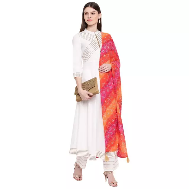 Women's Rayon Flared Kurta And Palazzo With Dupatta Set (White)