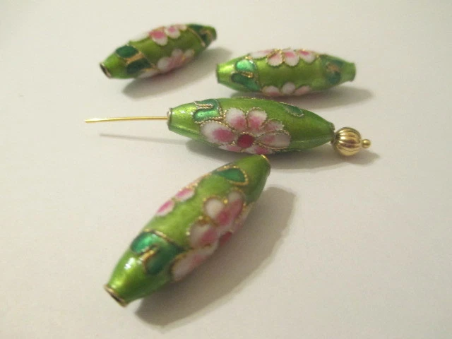 12 Green  with Gold Trim 26 x 8 mm Cloisonne Beads   E36
